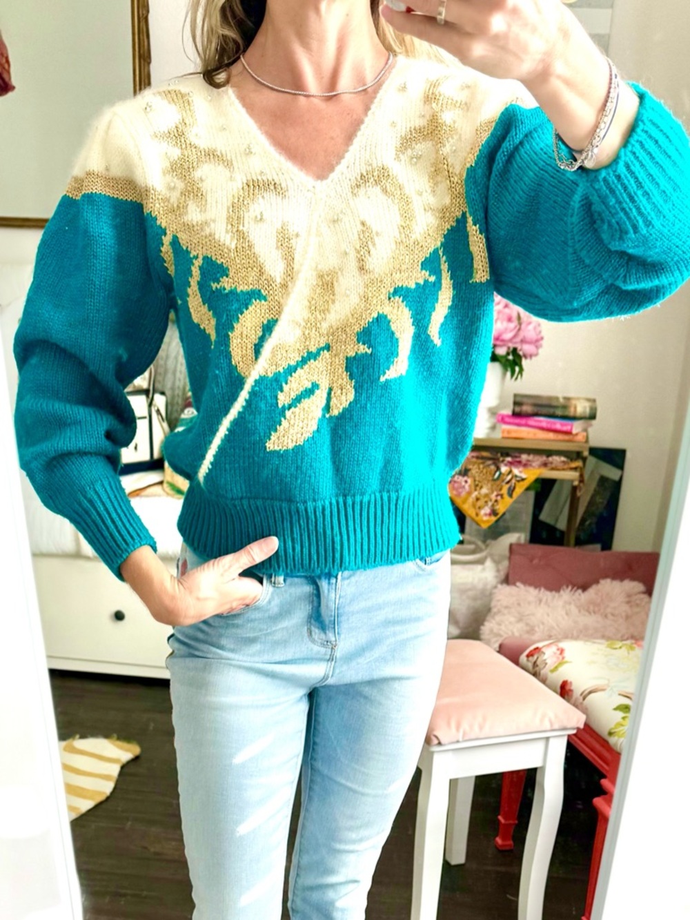 Vintage Jacklyn Smith Beaded Angora Sweater Teal Gold Fits S - Picture 2 of 11